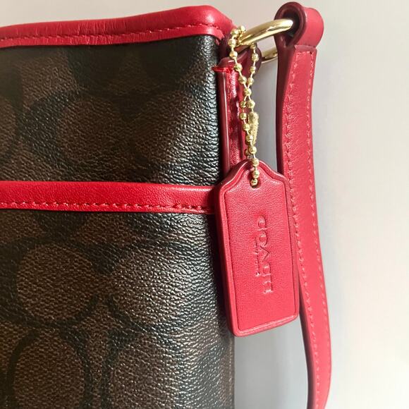 COACH Signature Leather Racing Stripe, Brown and Red, AUTHENTIC Crossbody - Picture 7 of 16